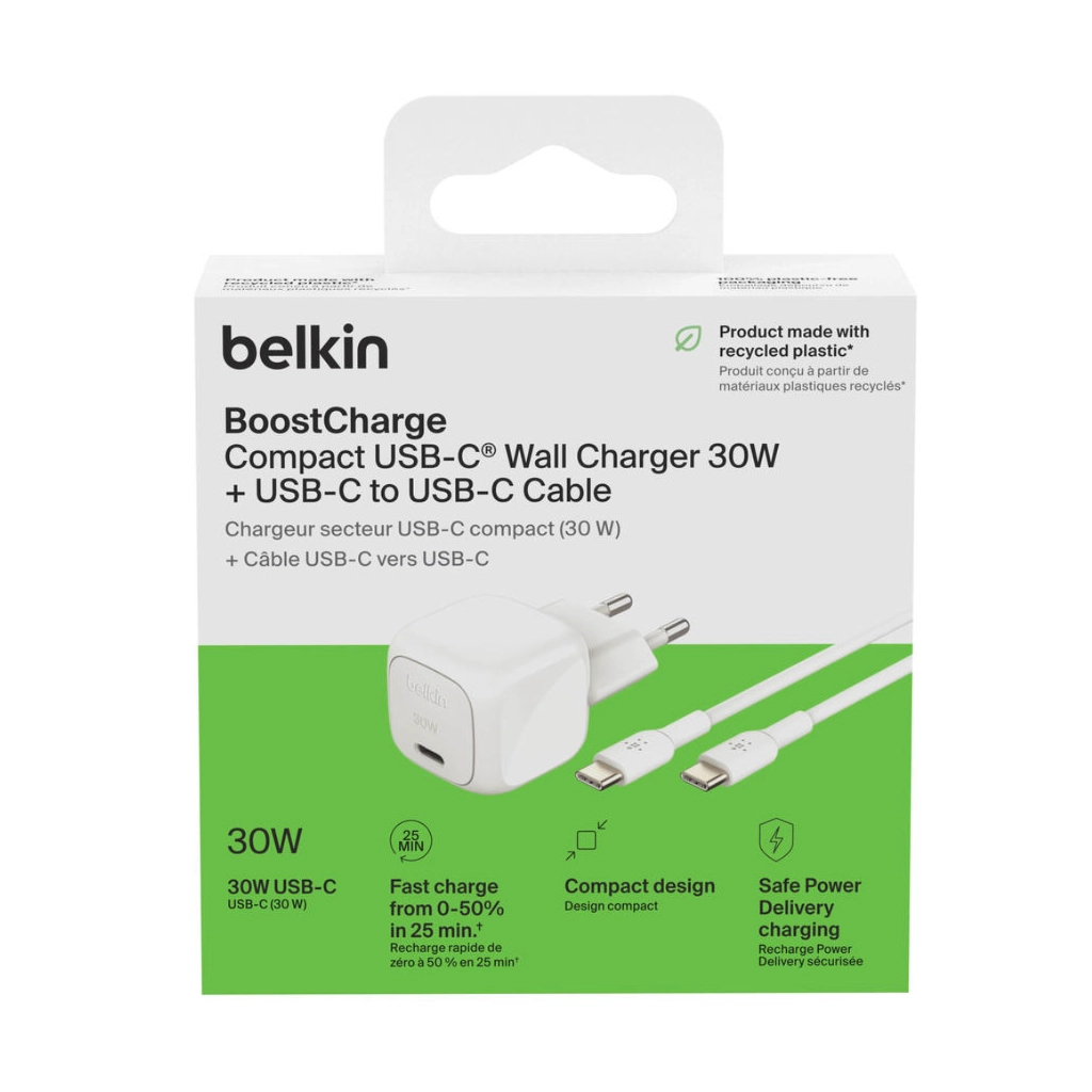 Зарядний пристрій Belkin USB-C PD30W PPS + cable USB-C to USB-C 1.0m PVC white (WCA008KQ1MWH-B6) - зображення 6