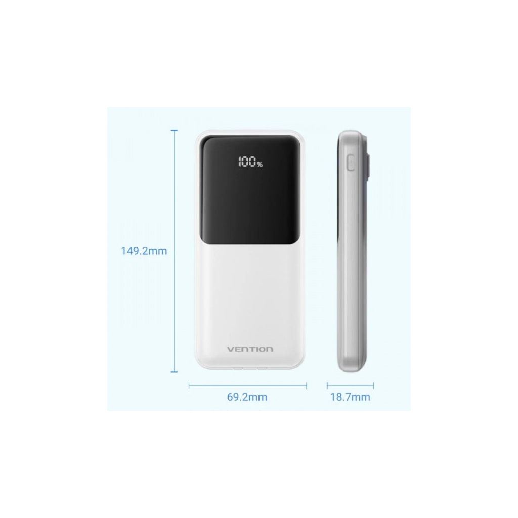 Батарея універсальна Vention 10000mAh 22.5W 3A PD, Built-in USB-C+Lightning Cables, White (FHOW0) - зображення 3