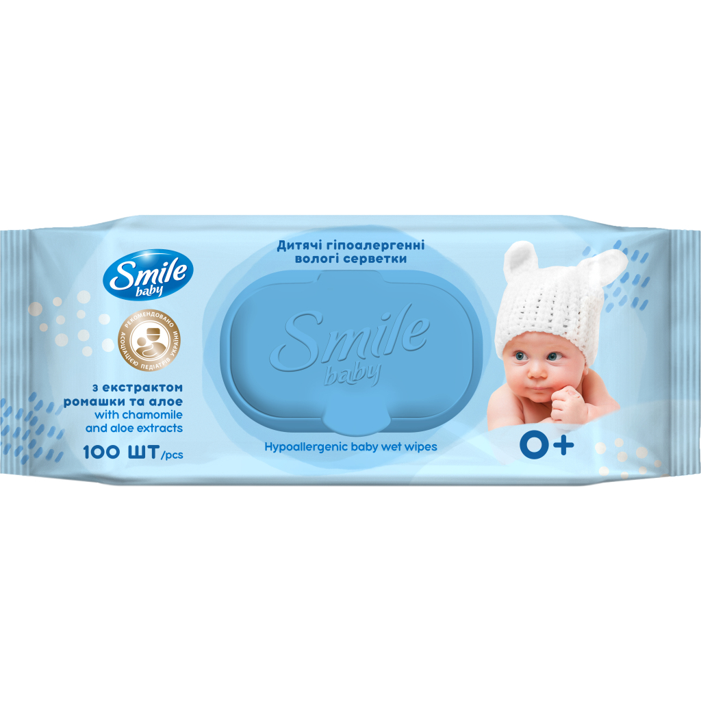Дитячі вологі серветки Smile baby з екстрактом ромашки, алое і вітамінним комплексом з клапаном 100 шт (4823071653960) - зображення 1