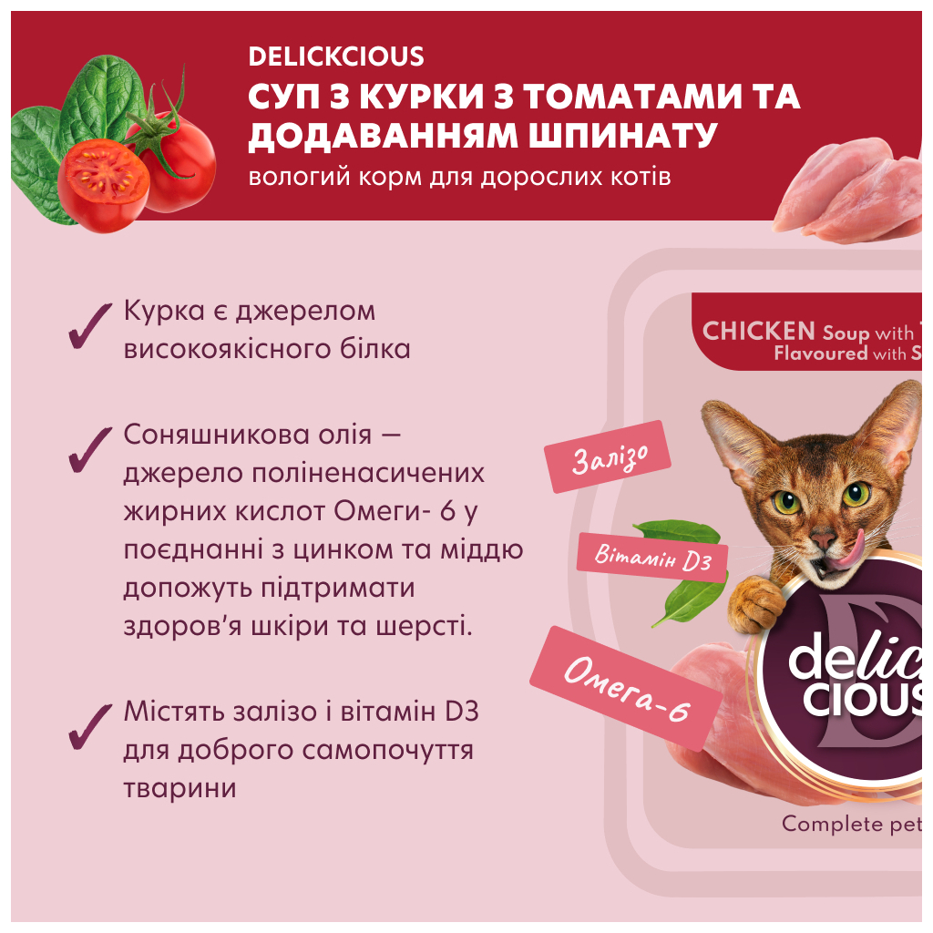 Вологий корм для кішок Delickcious Суп з курки з томатами та додаванням шпинату 80 г (4820269141551) - зображення 3