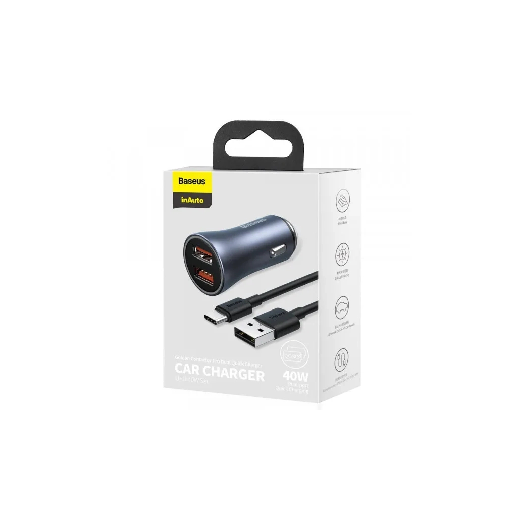 Зарядний пристрій Baseus 2xUSB QC3.0 + cable USB to USB-C 40W Golden Contactor Pro dark gray (TZCCJD-A0G) - зображення 5