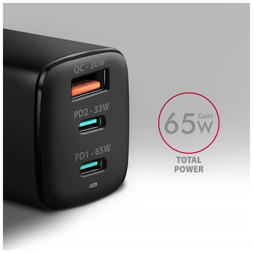 Зарядний пристрій AXAGON 1xUSB + 2xUSB-C 65W QC4+ PD3.0 PPS black (ACU-DPQ65) - зображення 3