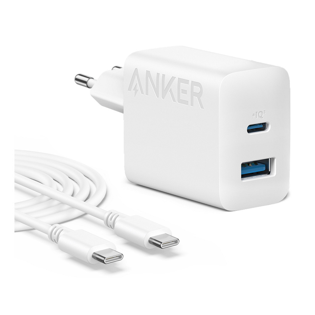 Зарядний пристрій Anker PowerPort 312 - 20W USB-C USB-A + USB-C cable White (B2348G21) - зображення 1