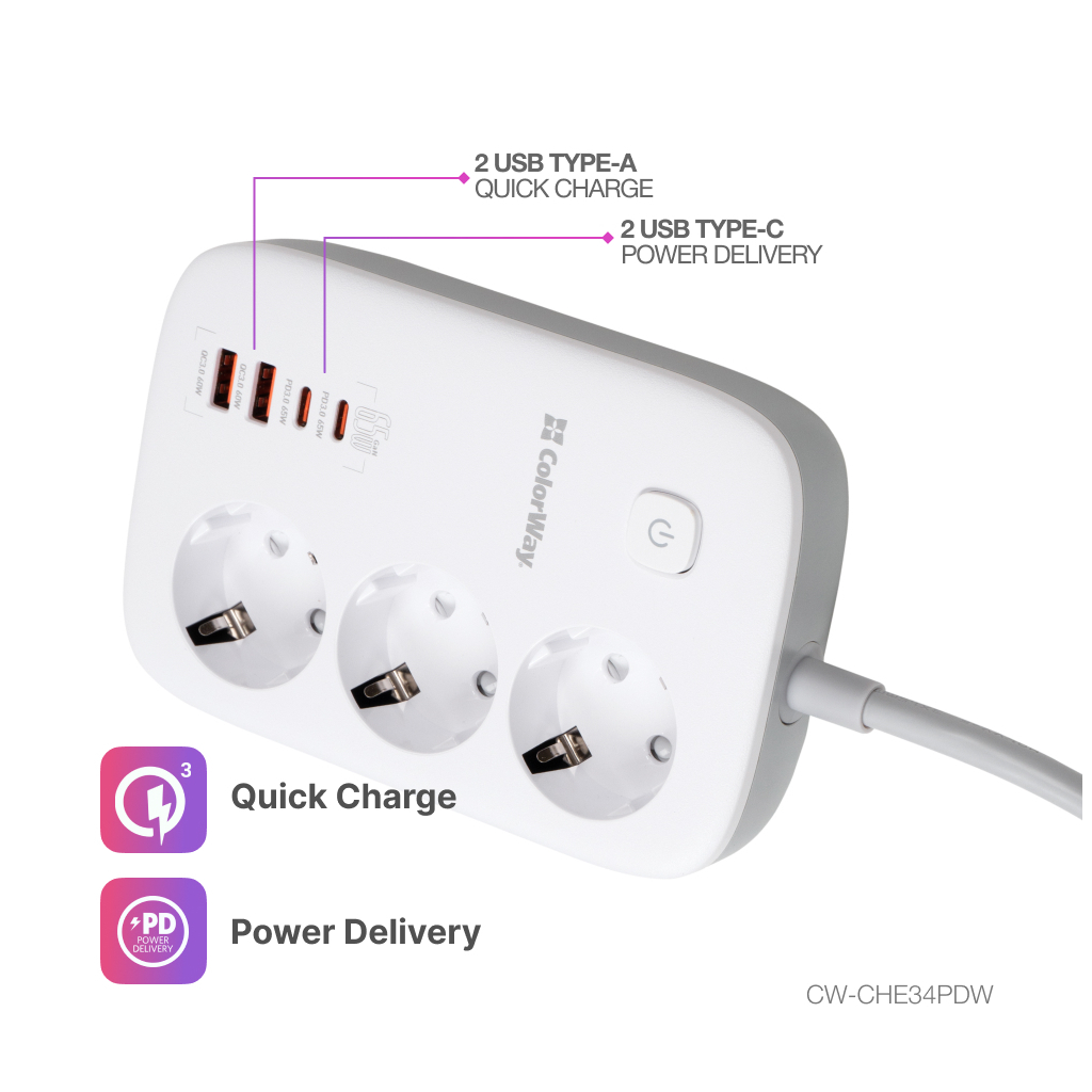 Мережевий фільтр живлення ColorWay CW-CHE34PDW 3 розетки/4USB (CW-CHE34PDW) - зображення 7