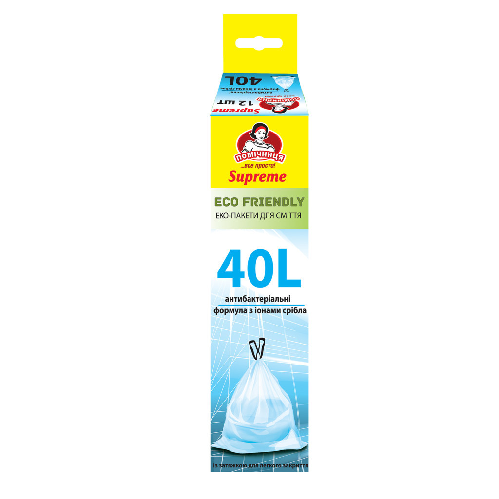 Пакети для сміття Помічниця З затяжками Бактерицидні Eco Friendly Supreme 40 л 12 шт. (4820212005862) - зображення 1