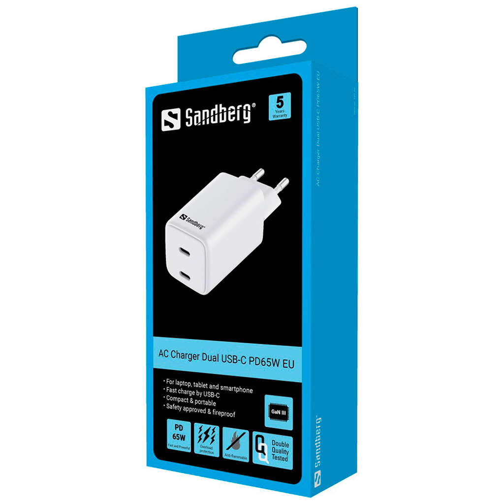 Зарядний пристрій Sandberg 2xUSB 65W (2xUSB-C) Gan III (441-56) - зображення 4