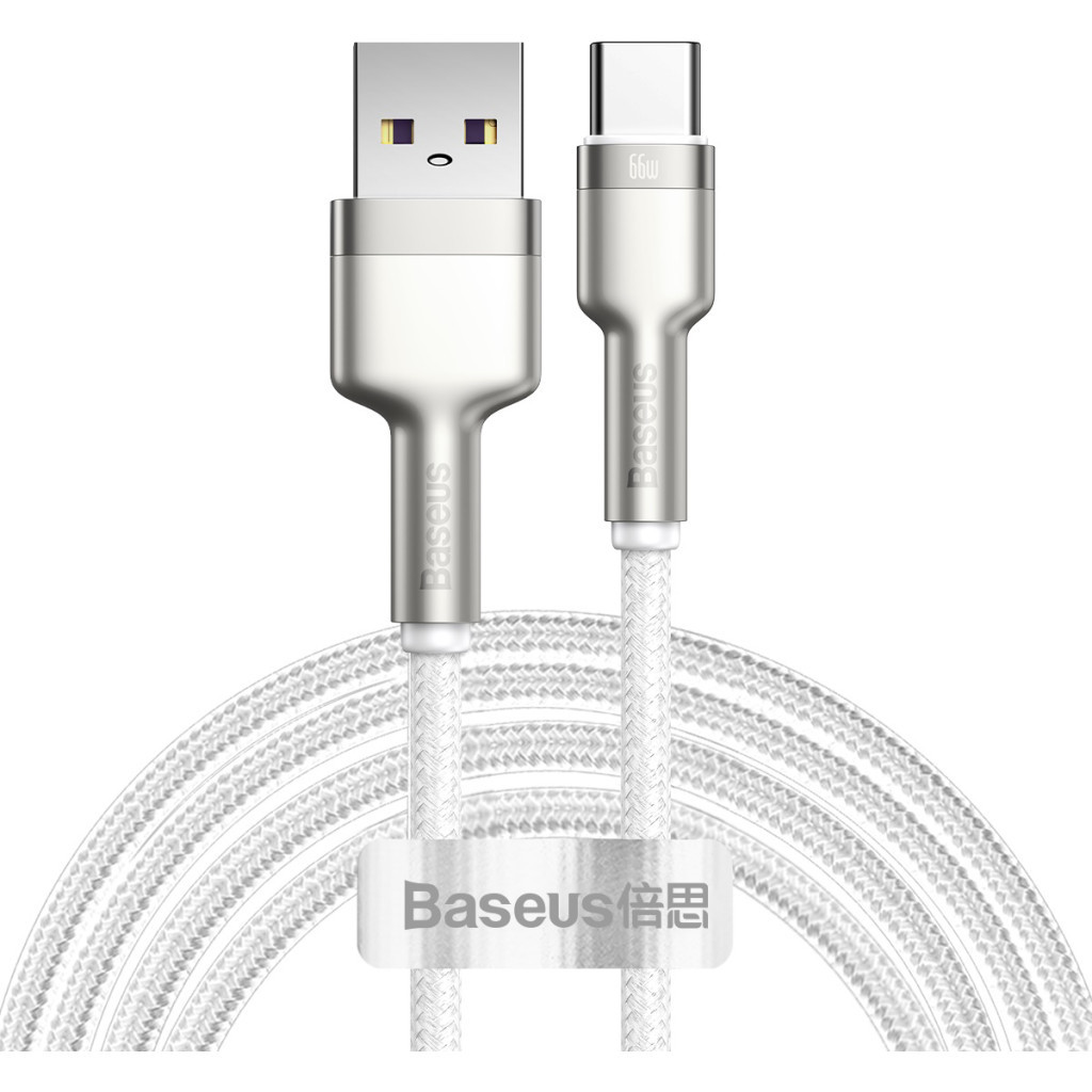 Дата кабель USB 3.1 AM to USB-C 2.0m 6.0A 66W Cafule Series Metal White Baseus (CAKF000202) - зображення 1