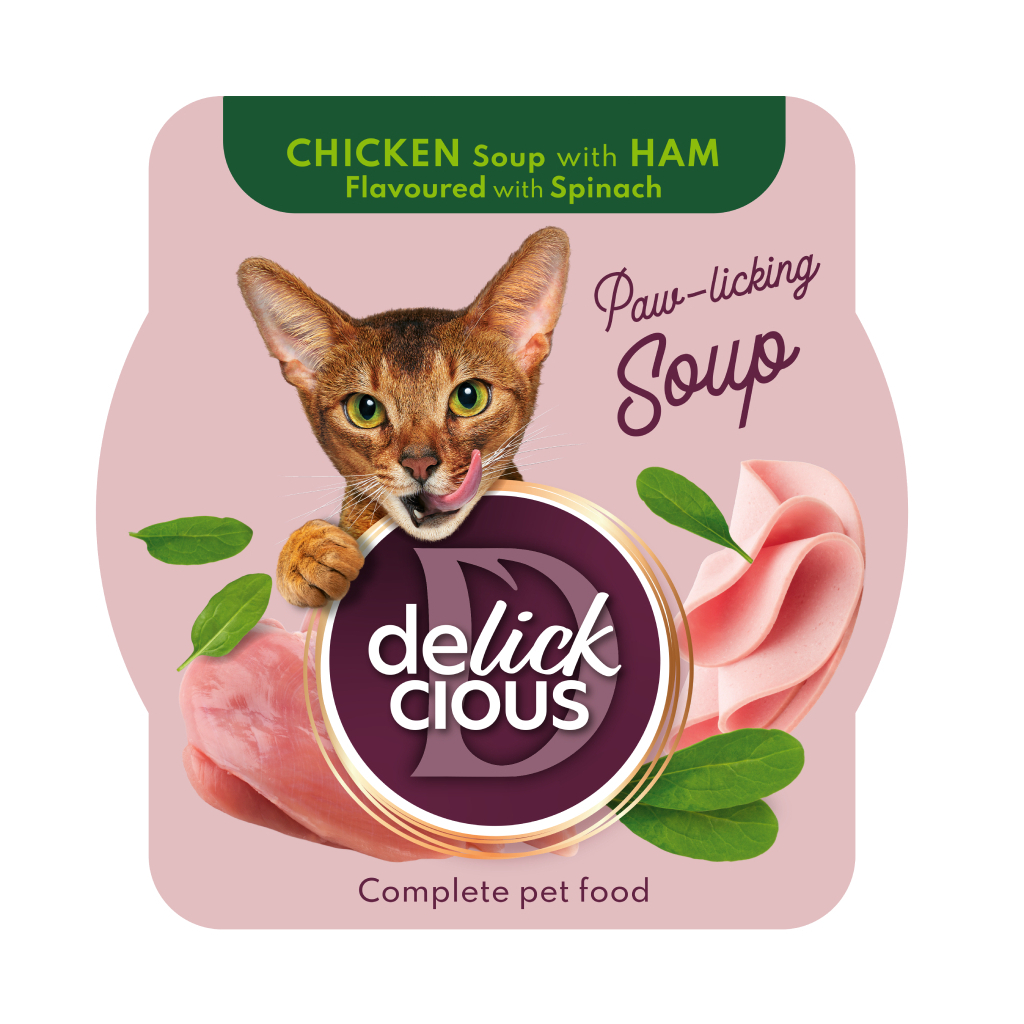 Вологий корм для кішок Delickcious Суп з курки з шинкою та додаванням шпинату 80 г (4820269141599) - зображення 1