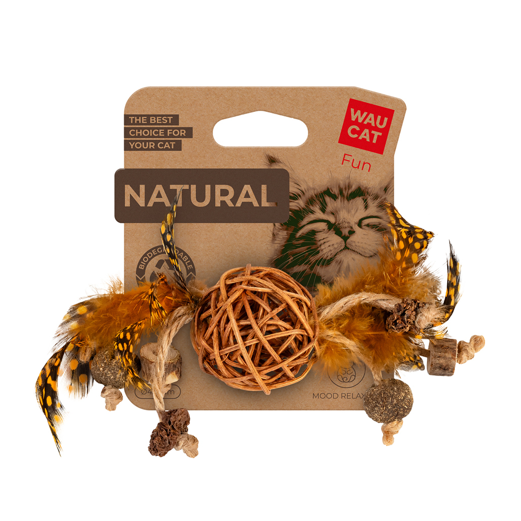 Іграшка для котів Waucat Fun Natural Плетений м'ячик з дзвіночком і пір'ям 20 см (6211) - зображення 2