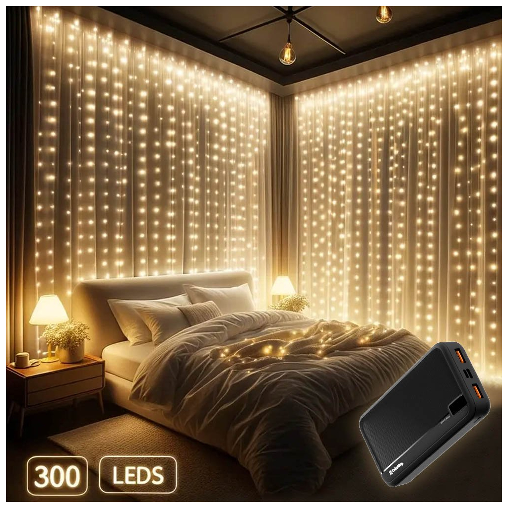 Гірлянда ColorWay Штора завіса 3 x 3 м 300 LED USB теплий колір (CW-GW-300L33U) - зображення 2