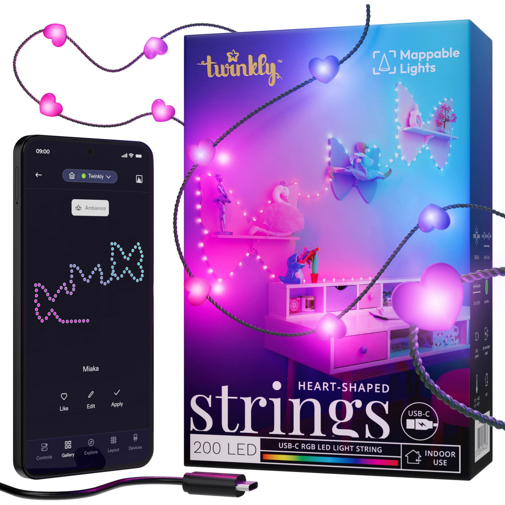 Гірлянда Twinkly Smart LED, Strings USB 200 Heart-shaped RGB LEDs, Green Wire, USB-C 12м (TWKH200RGB-G) - зображення 1