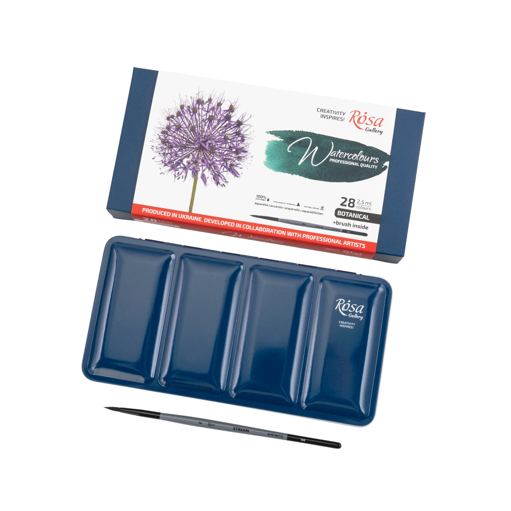 Акварельні фарби Rosa Gallery BOTANICAL 282,5мл з пензлем, кювета Індіго металевий пенал (4823098544791) - picture 5