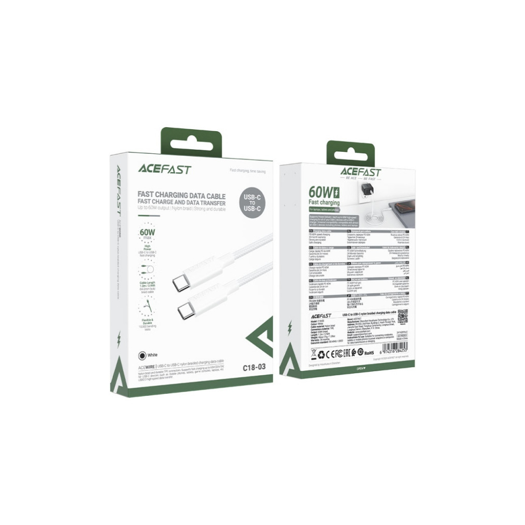 Дата кабель USB-C to USB-C 1.2m 3A white Acefast (6974316284253) - зображення 4