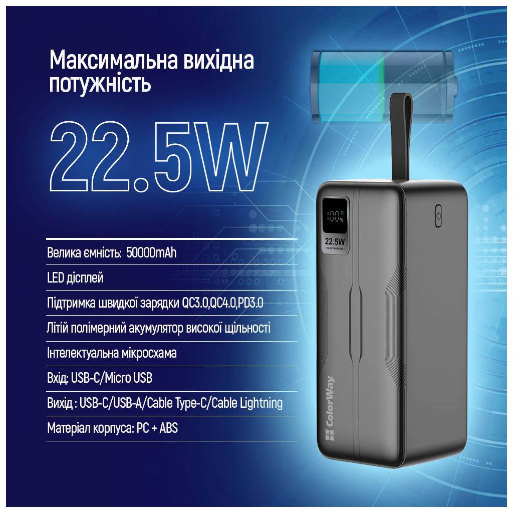 Батарея універсальна ColorWay 50 000 mAh PD/18W, QC3.0/22.5, Digital Display, Black (CW-PB500LPC5BK-PDD) - зображення 9