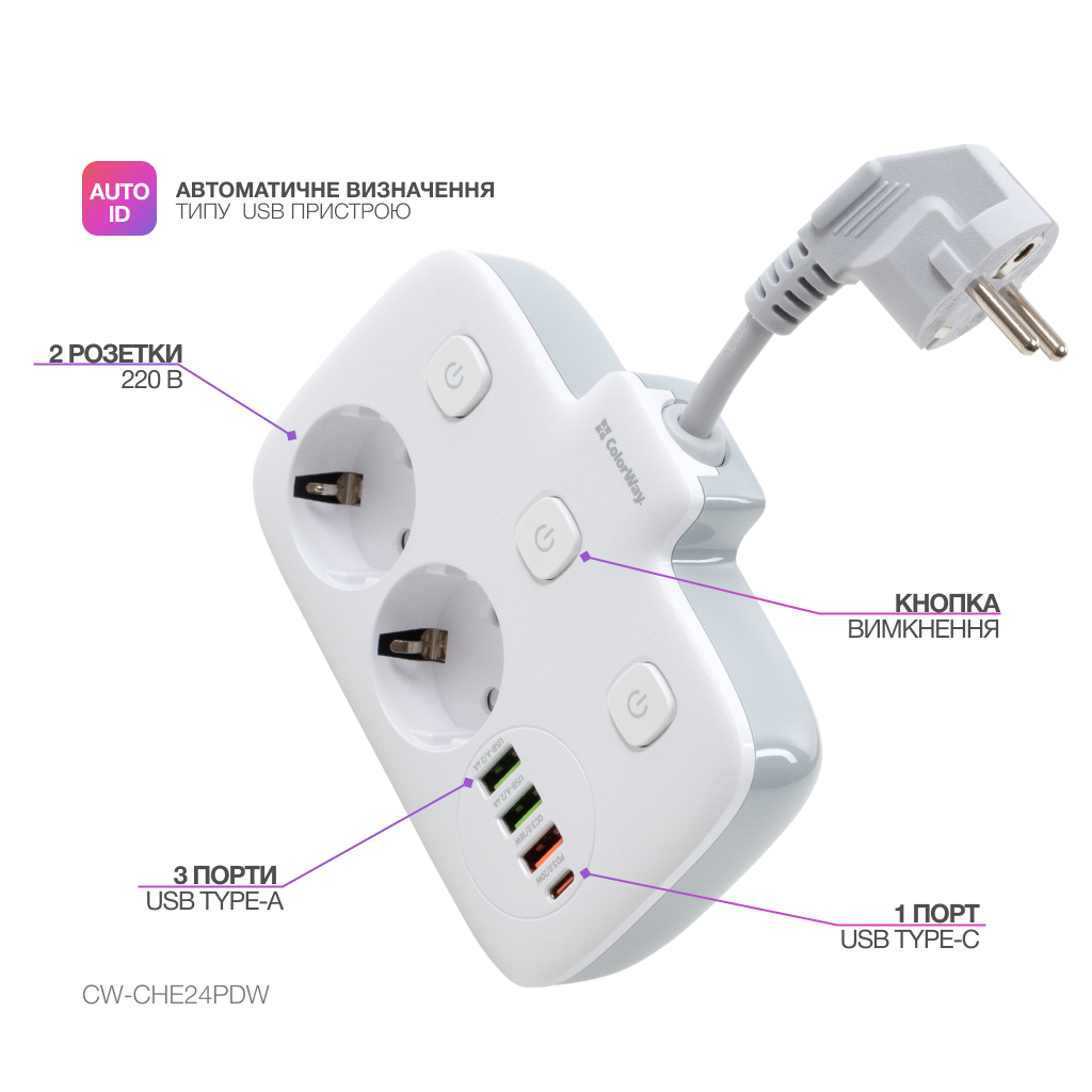Мережевий фільтр живлення ColorWay CW-CHE24PDW 2 розетки/4USB (CW-CHE24PDW) - зображення 9