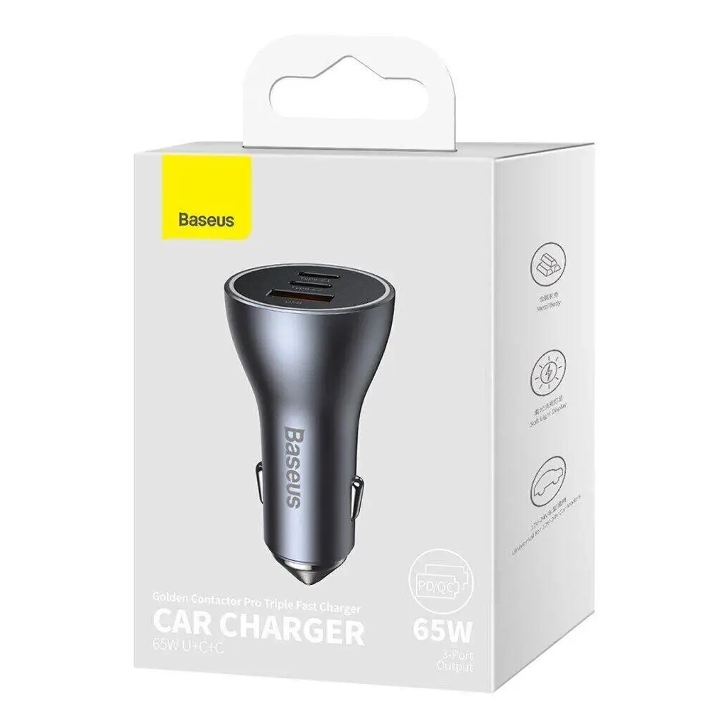 Зарядний пристрій Baseus 1xUSB + 2xUSB-C 65W Golden Contactor Pro dark gray (CGJP010013) - зображення 5