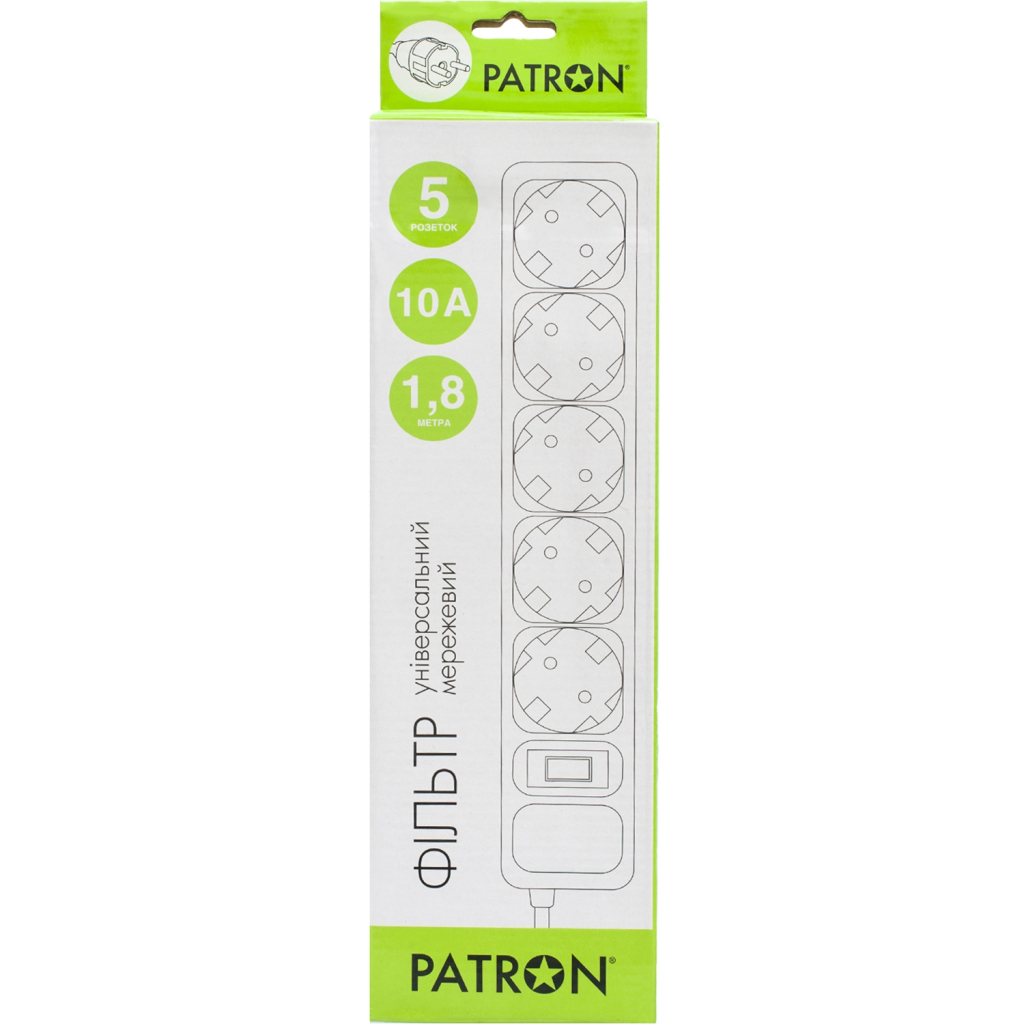 Мережевий фільтр живлення Patron 1.8m (SP-1052W), 5 розеток White (EXT-PN-SP-1052W) - зображення 2