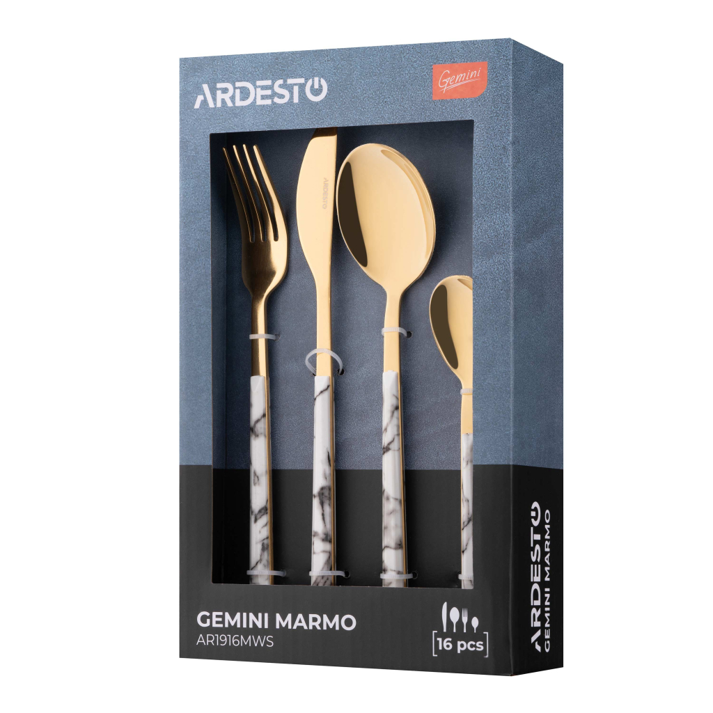 Набір столових приборів Ardesto Gemini Marmo, 16 приборів, нержавіюча сталь, пластик, золотисто-білий (AR1916MWS) - изображение 6