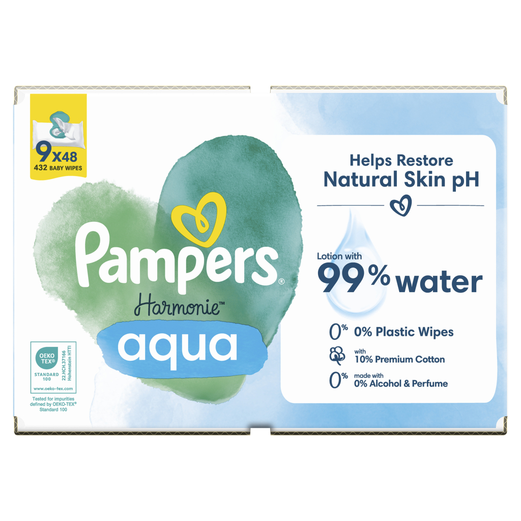 Дитячі вологі серветки Pampers Harmonie Aqua 9 пачок х 48 шт (8006540811245) - зображення 2