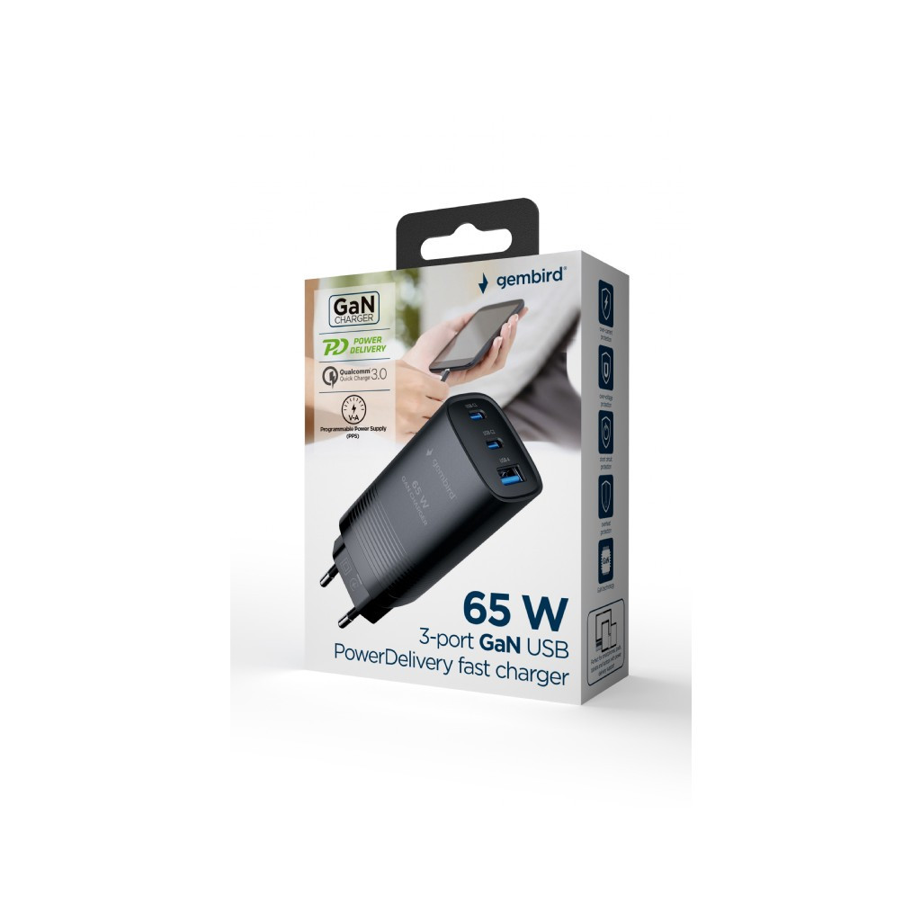 Зарядний пристрій Gembird USB-A + 2xType-C (PD18W + QC3.0 27W) black (TA-UC-PDQC65-01-BK) - зображення 5