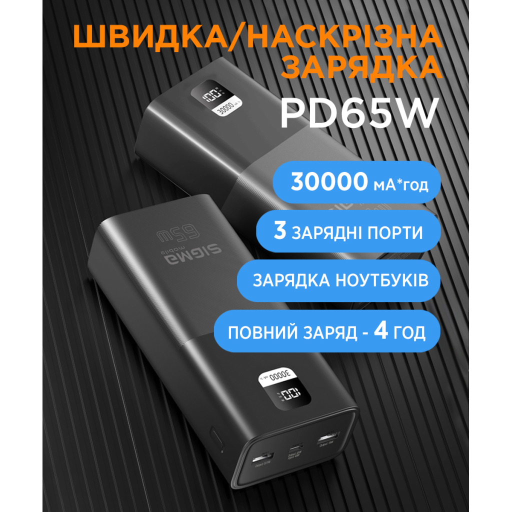 Батарея універсальна Sigma X-power SI30A6QLX 30000mAh, PD/65W, LED, cable 100w, black (4827798835111) - зображення 8