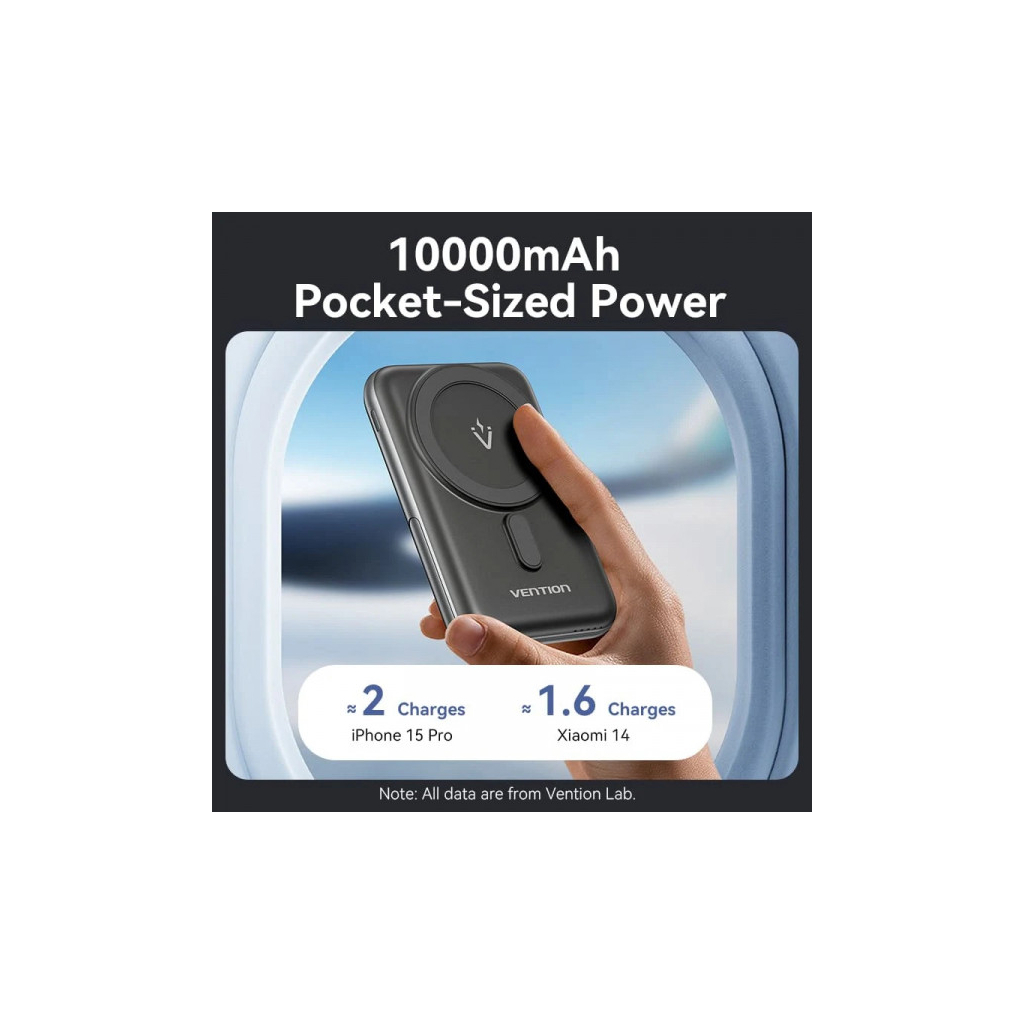 Батарея універсальна VENTION Magnetic Wireless 10000mAh 20W PD USB-C In/Out, QI-15W Black (FHNB0) - picture 5