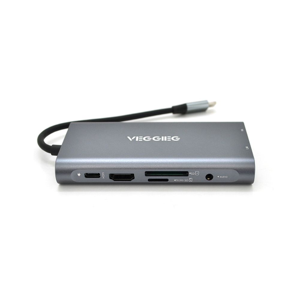 Концентратор VEGGIEG USB-C 7-in-1 USB-C + 3xUSB 3.0 + HDMI + VGA + SD/TF + RJ45 0.1m silver (TC10-U) - зображення 1