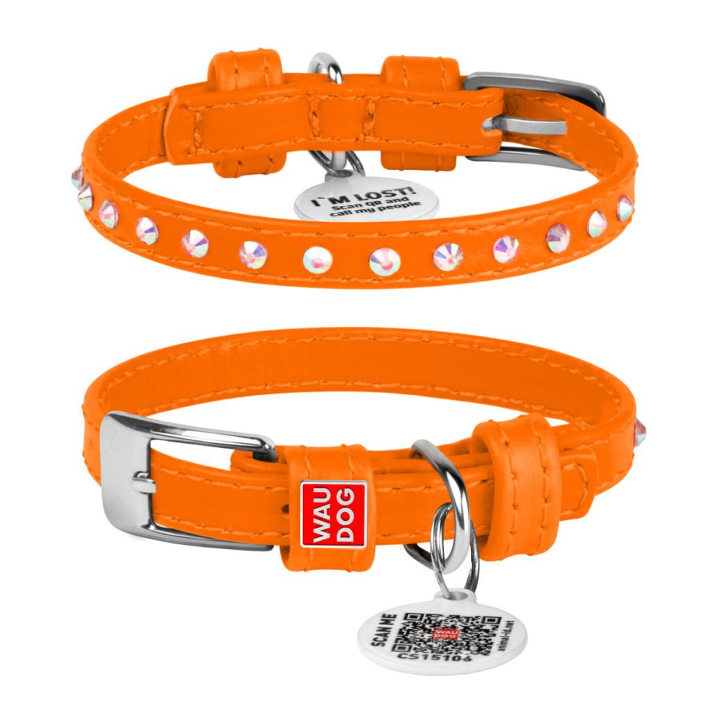 Нашийник для тварин WAUDOG Glamour з QR-паспортом з стразами XS Ш 12 мм Д 21-29 см помаранчевий (32684) - зображення 1