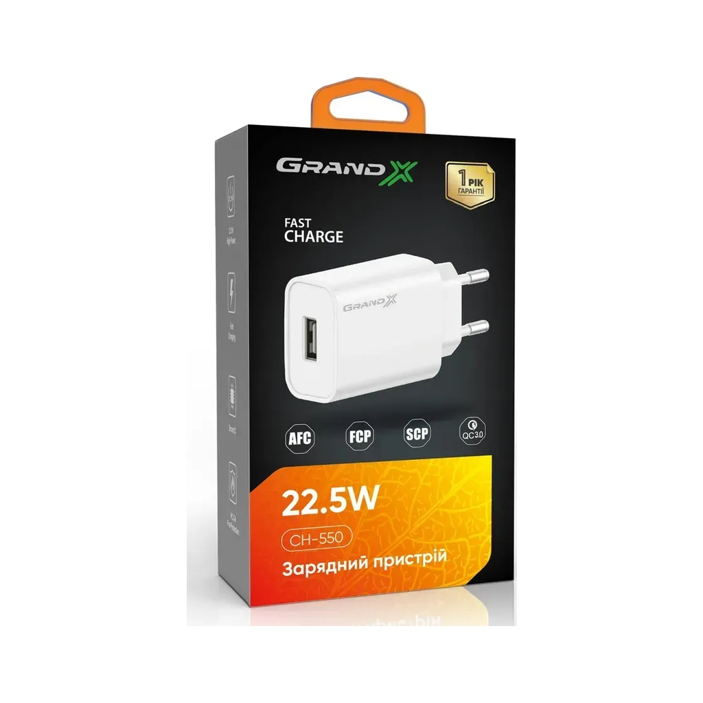 Зарядний пристрій Grand-X Quick Charge QС3.0, + cable USB -> Type C 1m white (CH-550WT) - зображення 5