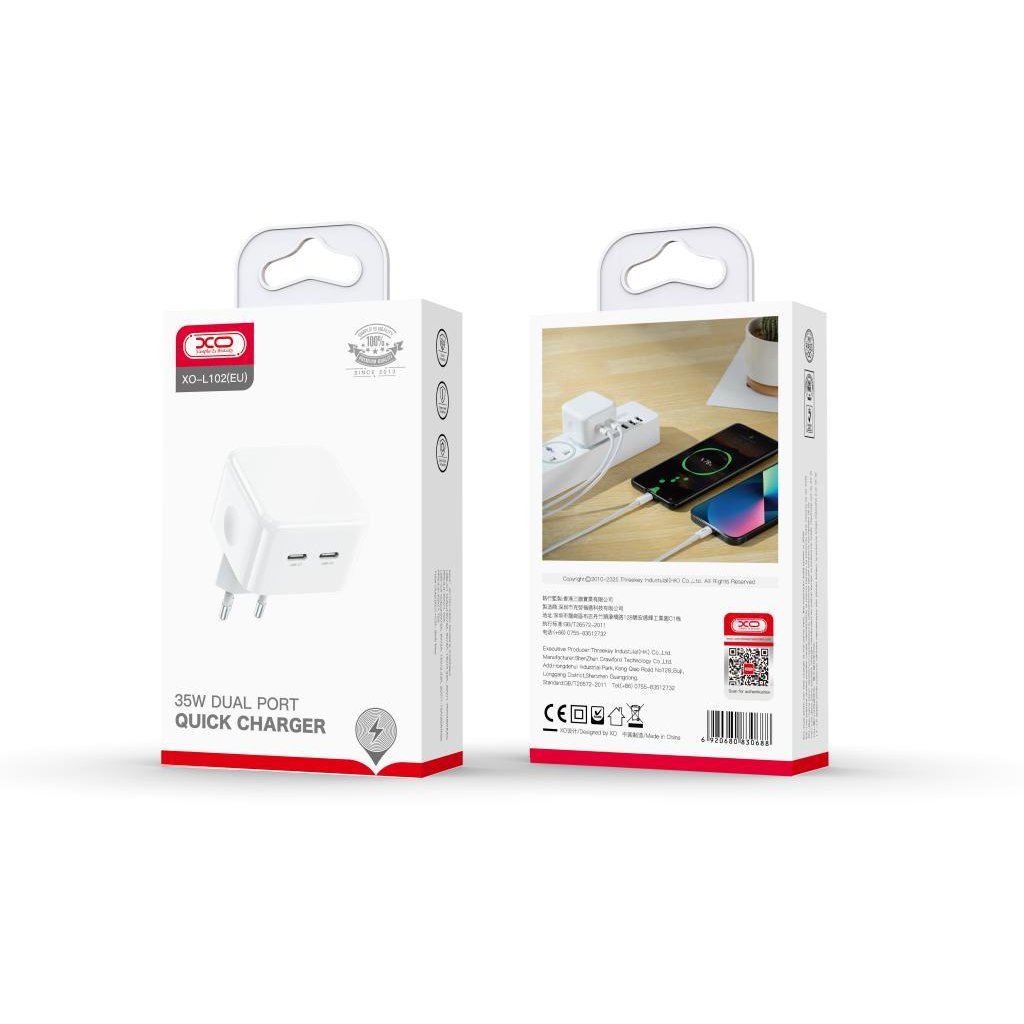 Зарядний пристрій XO QC 3.0 L102 35W/2 USB-C White (XO-L102-WH) - зображення 3