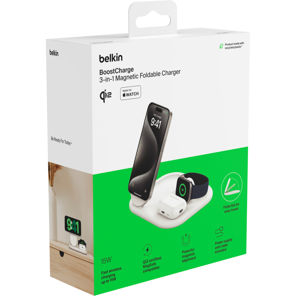 Зарядний пристрій Belkin 3in1 Magnetic Foldable iPhone/Watch/AirPods Qi2 15W white (WIZ029VFWH) - изображение 12