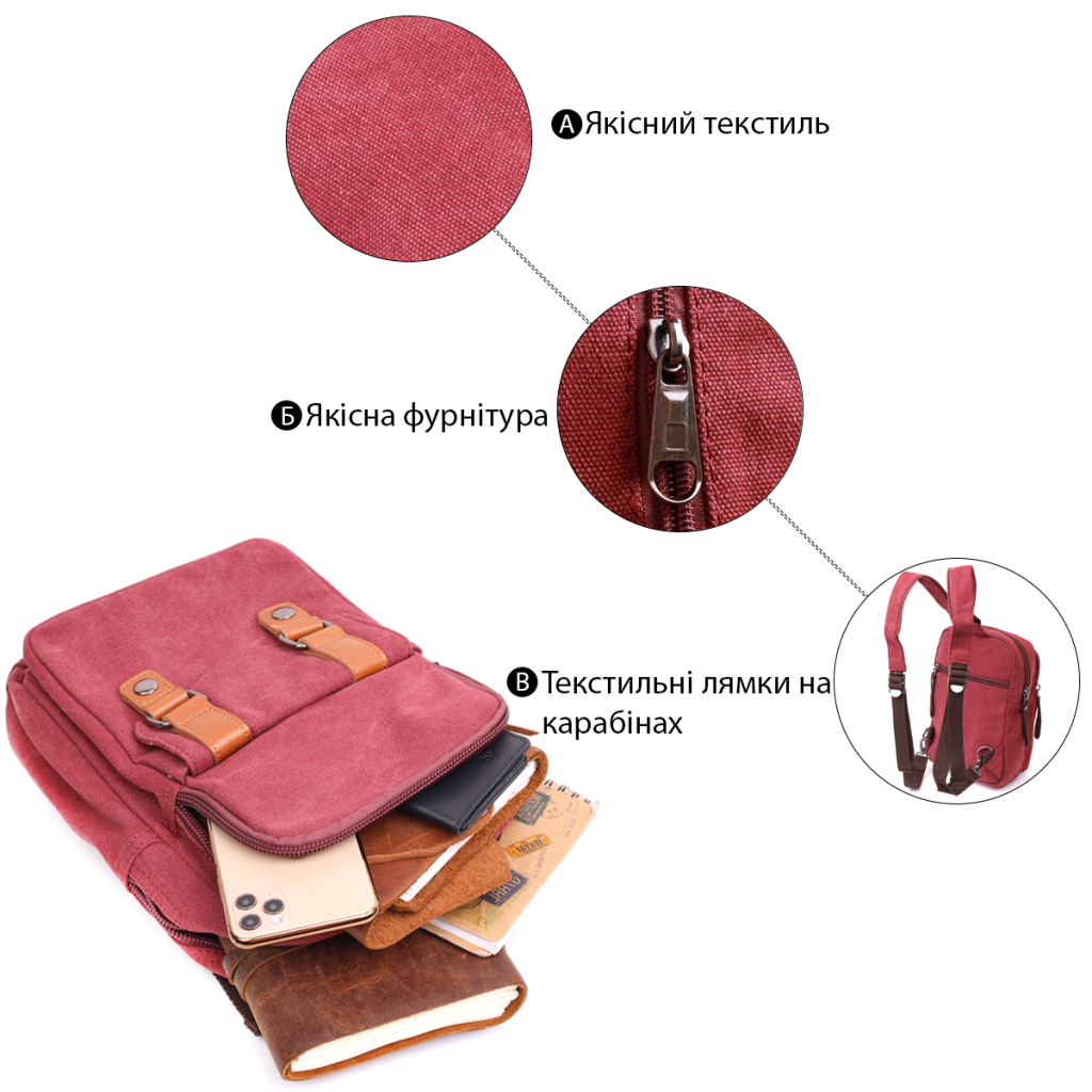 Сумка Vintage З двома відділеннями з щільного текстилю Бордова (22164) - зображення 4