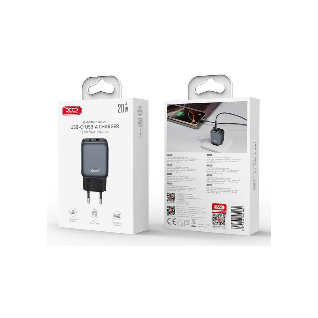 Зарядний пристрій XO L154 USB-C PD20W + USB-A QC3.0 Black (L154.black) - зображення 5