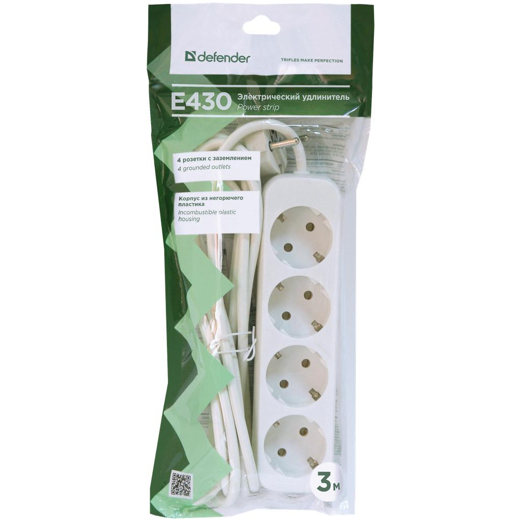 Мережевий подовжувач Defender E430 3.0 m 4 роз white (99226) - изображение 4