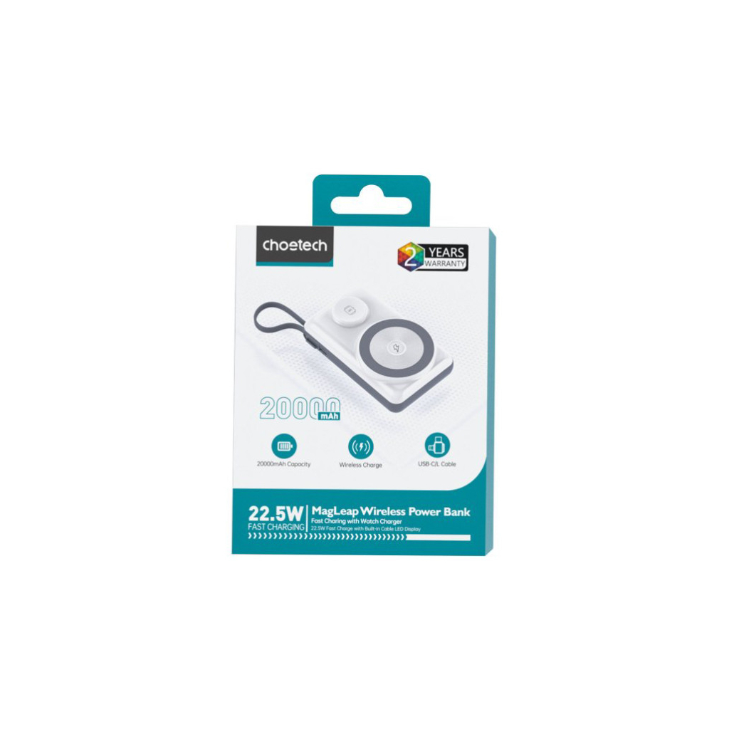 Батарея універсальна Choetech Magnetic Wireless 20000mAh 22.5W, PD, QC/3.0, Apple Watch charger, White (B696-GW) - зображення 5