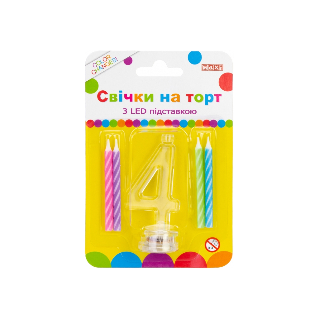 Свічка Maxi 4 шт. на торт з LED підставкою "4", що світиться (MX701007-4) - зображення 1