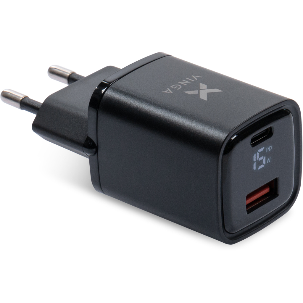 Зарядний пристрій Vinga USB-C PD30W + USB-A QC30W Display 33W Max (VCR30ACDB) - зображення 1