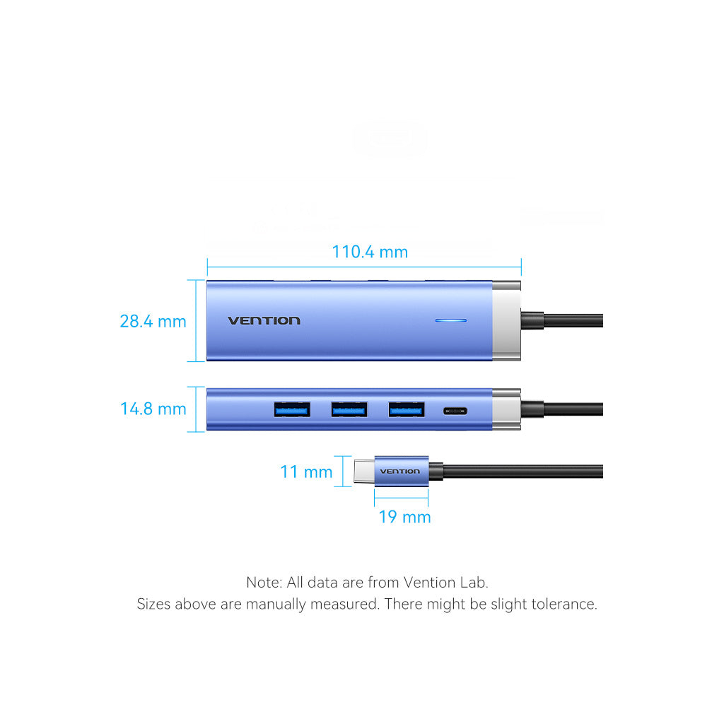 Концентратор Vention USB 3.1 Type-C to HDMI/USB 3.0x3/PD 100W Blue Aluminum Alloy Hub 5-in-1 (TGESB) - изображение 11