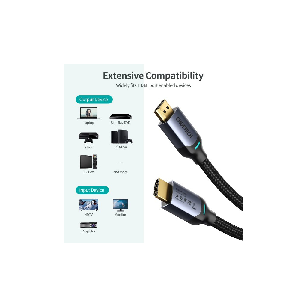 Кабель мультимедійний HDMI M to HDMI M 2.0m V2.1 8K60Hz HDR10 HLG Choetech (XHH01-BK) - picture 5
