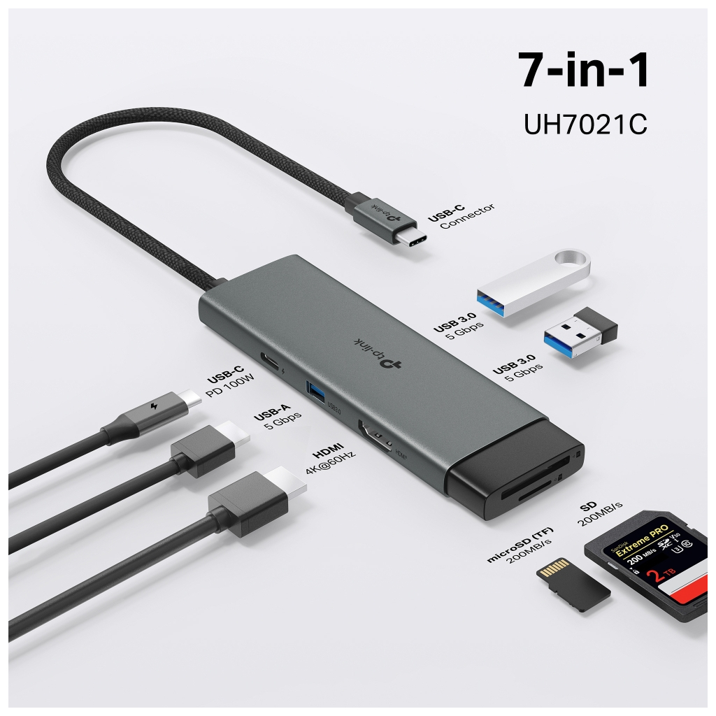 Концентратор TP-Link USB-C 7-in-1 3xUSB + HDMI + SD/TF + USB-C PD100W (UH7021C) - зображення 5