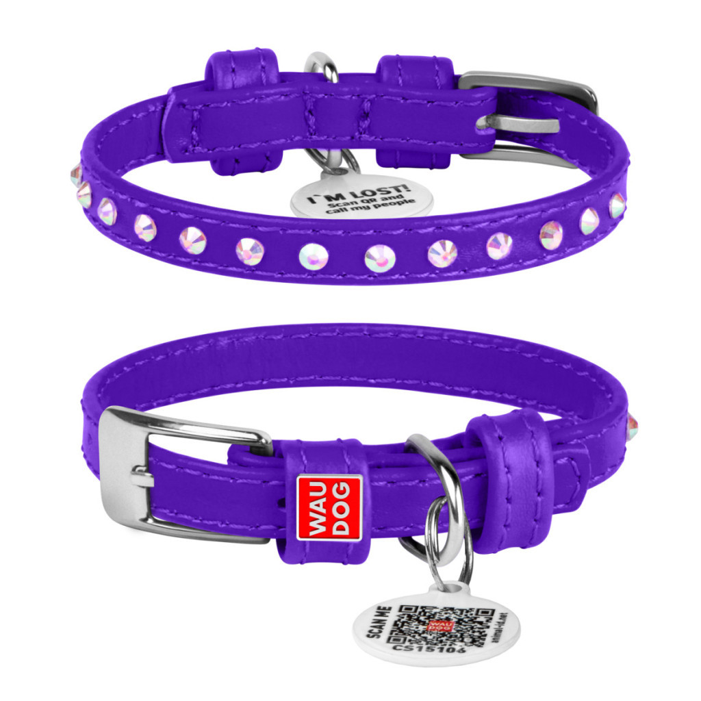 Нашийник для тварин WAUDOG Glamour з QR-паспортом з стразами XXS2 Ш 9 мм Д 19-25 см фіолетовий (32529) - зображення 1
