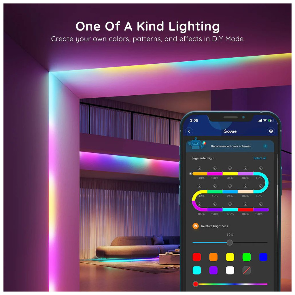 Світлодіодна стрічка Govee RGBIC Basic Wi-Fi + Bluetooth LED Strip Light 10м Білий (H618C3D1) - изображение 11