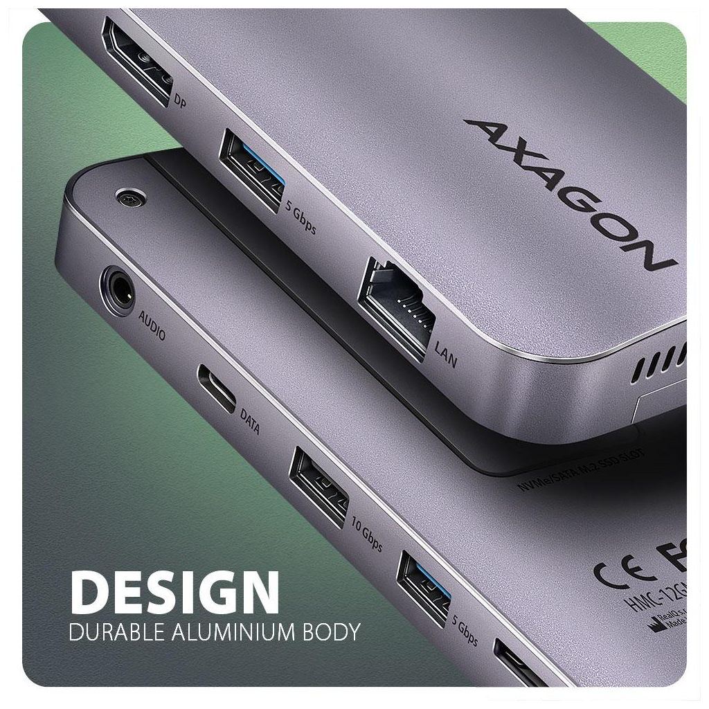 Концентратор AXAGON USB-C 12-in-1 HDMI + DisplayPort + RJ45 1000Mbps + PD100W aluminum gray (HMC-12GM2) - зображення 6