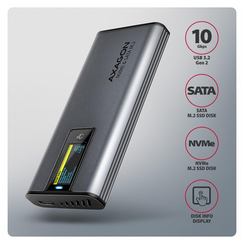 Кишеня зовнішня AXAGON USB-C 10Gbps metal box with info display for M.2 NVMe & SATA SSD (EEM2-SD2) - зображення 2
