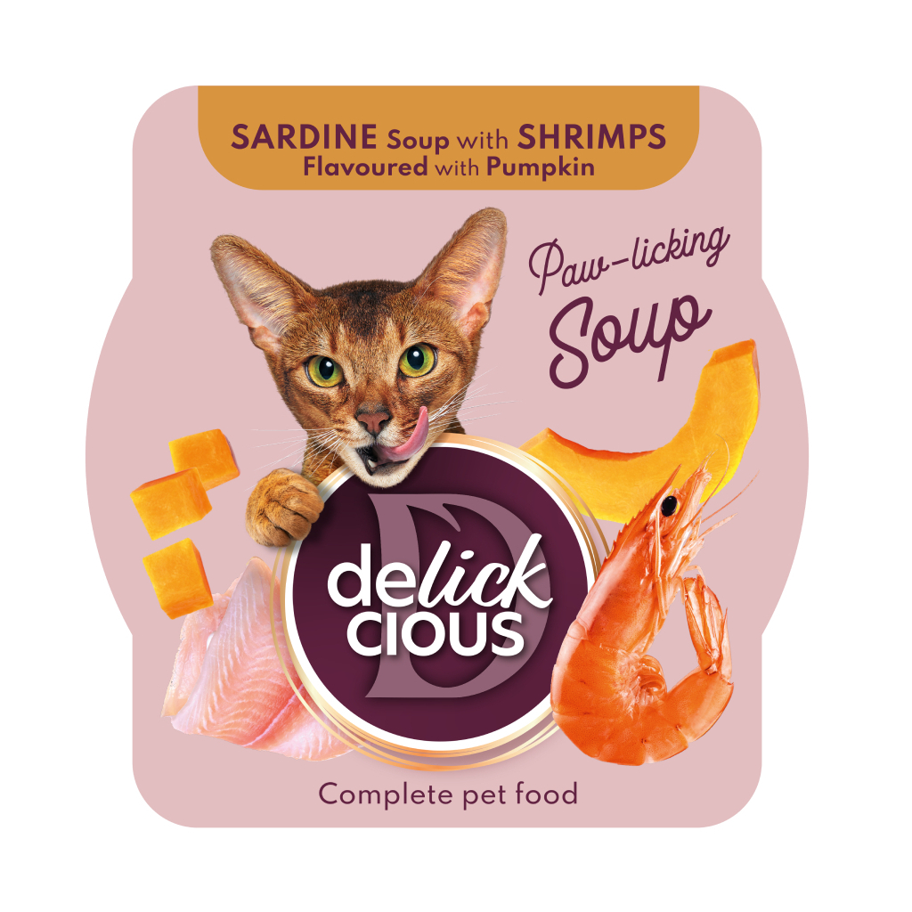 Вологий корм для кішок Delickcious Суп з сардини з креветками та додаванням гарбуза 80 г (4820269141568) - зображення 1