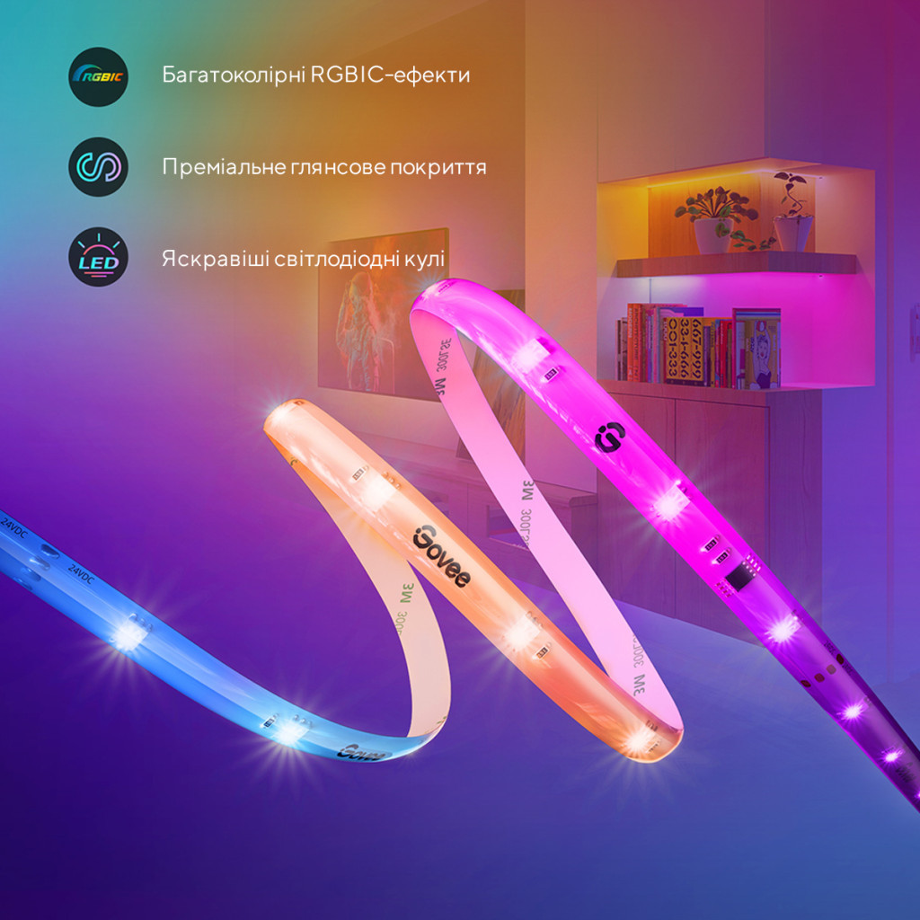 Світлодіодна стрічка Govee RGBIC Basic Wi-Fi + Bluetooth LED Strip Light With Protective Coating 10м Білий (H619C3D1) - изображение 7