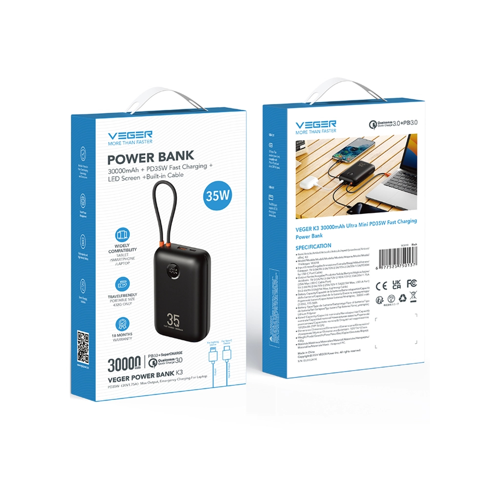 Батарея універсальна VEGER 30000mAh K3 35W PD QC3.0 black (6977525750137) - зображення 5