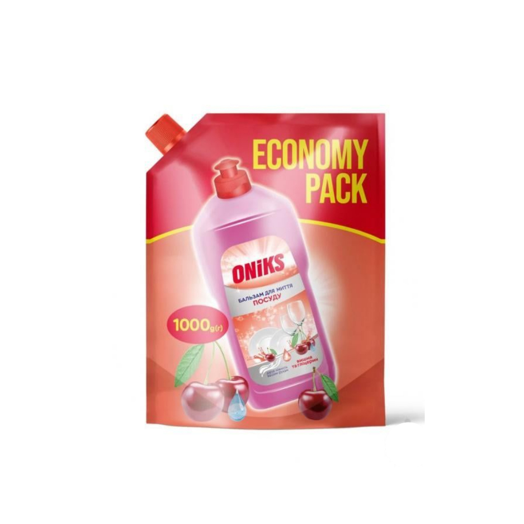 Засіб для ручного миття посуду Oniks Вишня та гліцерин Дой-пак 1000 г (4820191761476) - зображення 1