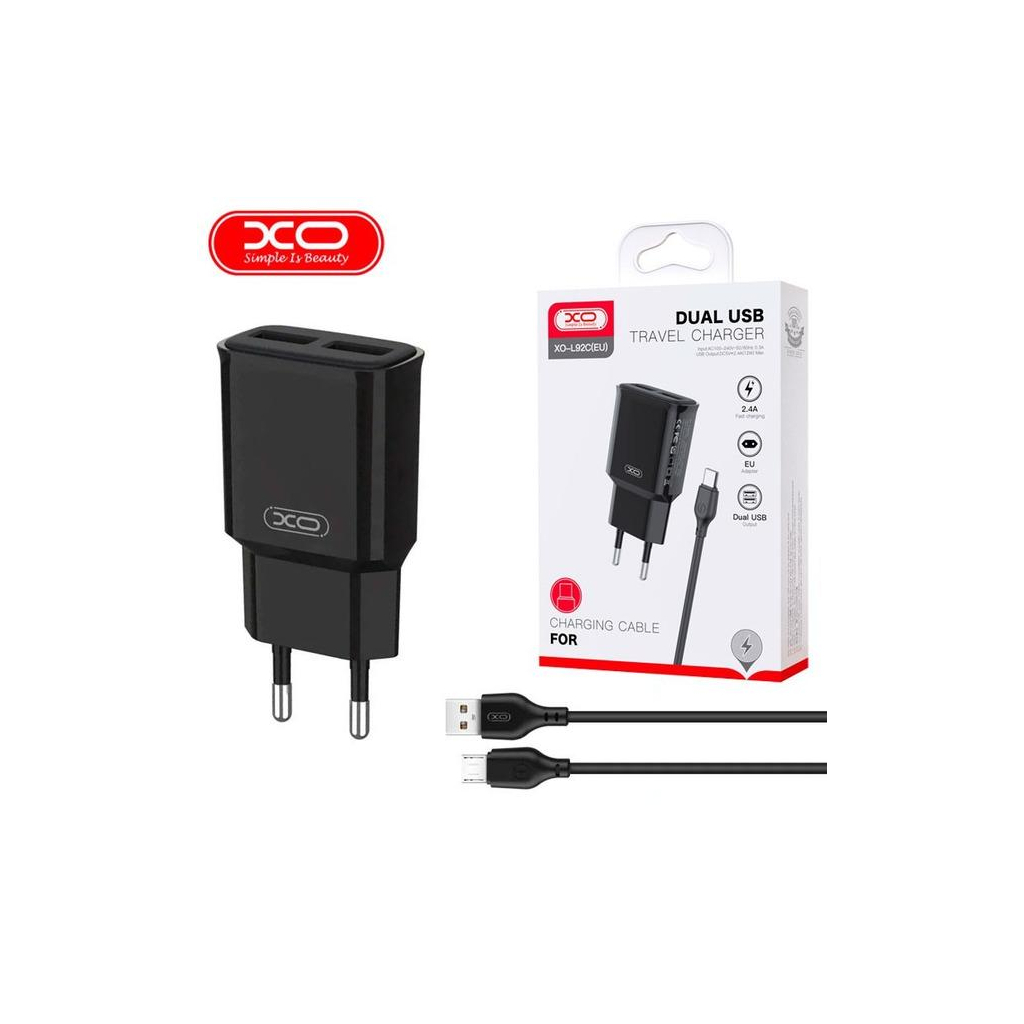 Зарядний пристрій XO L92C (2USB/2.4A) + USB - MicroUSB Чорний (XO-L92C-M) - зображення 3