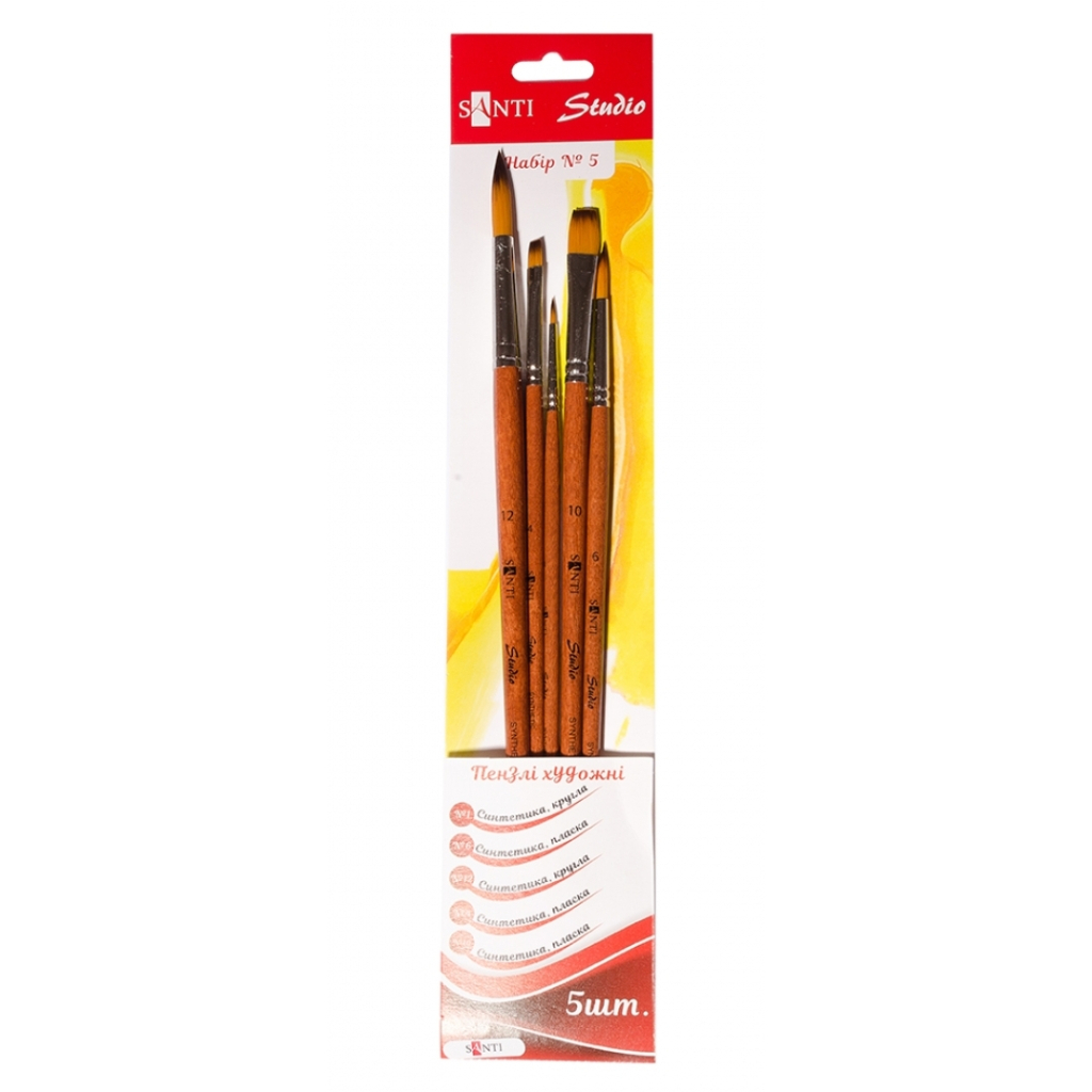 Пензлик для малювання Santi набір художніх №5, синтетика, 3шт круглі (№1,6,12), 2шт плоскі (№4,10), коротка ручка (310838) - зображення 1